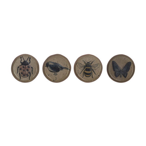 Small Stoneware Plate Set with Insect & Bird Designs (Set of 4)